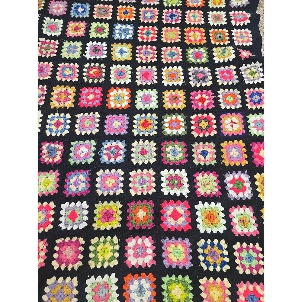 Vtg Handmade Multicolor Crochet Granny Square Home Decor Afghan Blanket 59